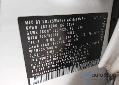 2012 Volkswagen Tiguan Se из США, поврежденный, VIN WVGAV7AX7CW580015